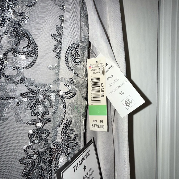 R & M Richards Metallic Silver Lace Maxi Dress - Picture 2 of 9